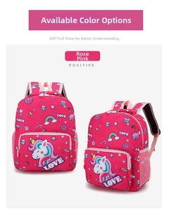 Detailed front and side view of rose pink kids backpack with unicorn and rainbow motifs