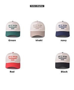 Collage of two-tone cotton baseball caps in green, khaki, navy, red and black colors