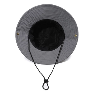 Outdoor sun hat with wide brim, breathable mesh lining, and adjustable drawstring in grey
