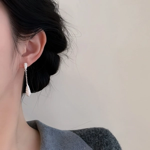 Detailed close-up of a silver teardrop earring with shimmering cubic zirconia crystals
