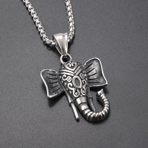 Stainless Steel Elephant Head Pendant Necklace Retro Punk Carved Animal Jewelry For Men Women Vintage Oxidized Finish