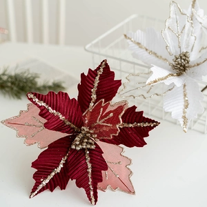 Stella di Natale Artificiale Fiore Decorativo Paillettes Garza a Rete Tessuto Glitter per Albero di Natale Ghirlanda