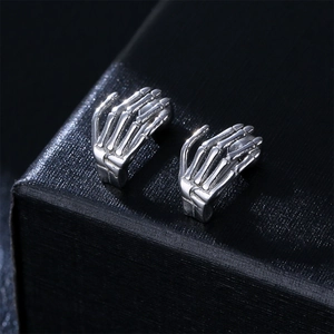 Punk style stainless steel skeleton hand earrings in antique silver finish for men