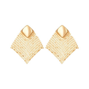 Golden rhombus sequin tassel drop earrings with metallic mesh design on white background