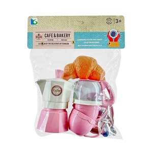 Pink and white simulation toy coffee set with moka pot and croissant in packaging