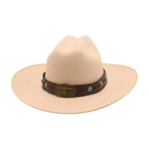 Classic beige wool fedora jazz hat with western leather band and bull head buckle
