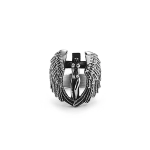 Gothic retro angel wings and cross sculpture ring in vintage silver finish for men