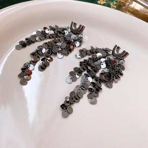 Close-up of gunmetal U-shaped sequin tassel earrings on a white ceramic plate