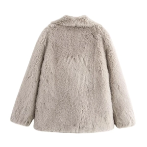 Detailed back view of a plush taupe faux fur jacket showing high-quality soft texture
