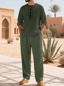 Men's olive green linen two-piece set featuring a long sleeve henley top and drawstring pants