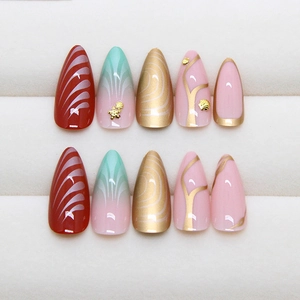 Almond press-on nails set with 3D starfish charms and ocean wave textures