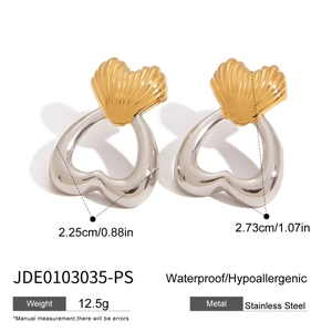 Detail of two-tone stainless steel heart earrings with dimensions and weight specs
