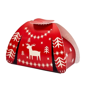 Close-up of red Christmas sweater pattern candy box with white reindeer and snowflake motifs
