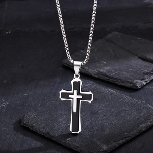 Men's stainless steel triple-layered silver and black cross pendant on a box chain