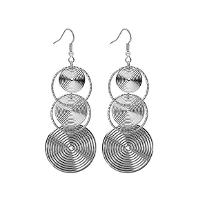 Silver multi-layer hollow concentric circle drop earrings with textured metal geometric design