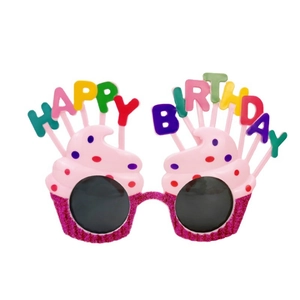 Pink glitter cupcake birthday party glasses with colorful Happy Birthday lettering