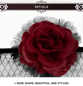 Detail of burgundy rose floral headband with intricate black lace mesh for gothic party