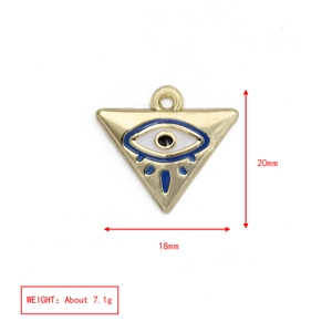 Detailed view of evil eye triangle pendant with dimensions 20mm by 18mm in gold finish