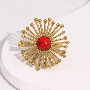 18k gold plated stainless steel open ring with a sunburst design and red marble stone