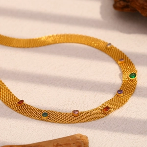 Colorful Zircon Mesh Band Necklace 18K Gold Plated Stainless Steel Rainbow Gemstone Jewelry For Women Elegant