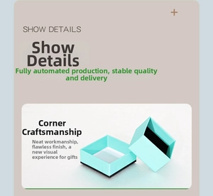 Detail view of light blue square jewelry gift box with black lining and precise corner craft