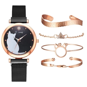 Detail of rose gold women's watch set with cat pattern dial and magnet steel strap