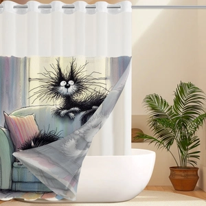 Waterproof bathroom shower curtain featuring a whimsical hand-drawn black cat illustration