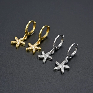 Fashion Copper Starfish Dangle Hoop Earrings For Women Sparkling Rhinestone Inlaid Marine Life Style Exquisite Daily Jewelry