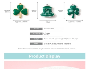 Detail view of Irish clover and top hat charms with exact dimension measurements