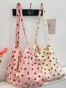 Sac À Bandoulière Velours Côtelé Imprimé Fraise Kawaii Tote Main Grande Capacité Décontracté Doux Organisateur Maquillage