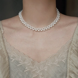 Woven Artificial Pearl Necklace Double Layer Stainless Steel Vintage Elegant Clavicle Chain Jewelry For Women