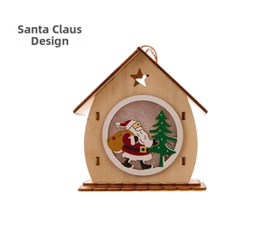 Detailed view of a wooden Santa Claus house ornament with twine hanging rope