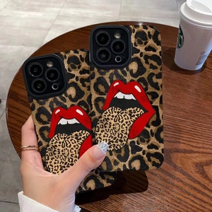 Handheld leopard print iPhone case with funny red lips and tongue-out design