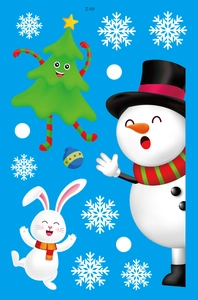 Detail view of festive Christmas window stickers featuring snowman and tree on blue background