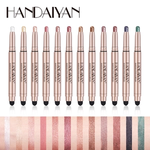 12-color dual-ended shimmering eyeshadow sticks with sponges and arm color swatches