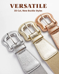 Detailed view of women's waist belts featuring metallic snake skin pattern and large buckle
