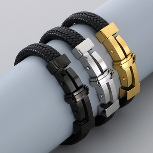 Detail of woven leather bracelets for men featuring black, silver, and gold steel clasps