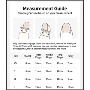 Size guide for short press-on nails with butterfly design measuring thumb to pinky