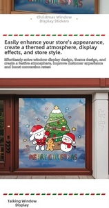 Close-up of colorful Christmas window stickers with Santa, snowman, and dog motifs