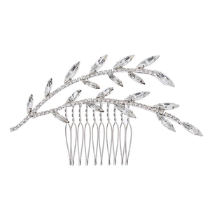 Silver bridal hair comb with leaf design, marquise crystals and sparkling rhinestones