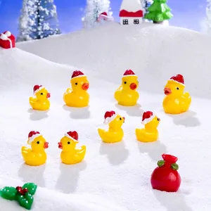 Set of 8 miniature Christmas ducks with Santa hats for DIY snow landscape decoration