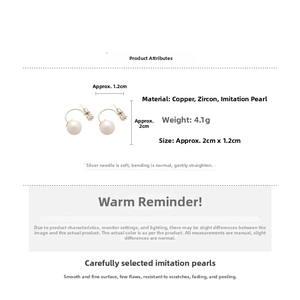 Detailed view of C-shaped pearl earrings with zirconia settings and exact dimensions