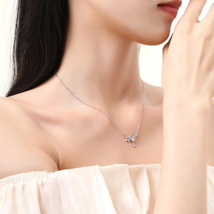 925 sterling silver star fringe necklace with zircon stones on female model neck