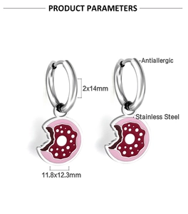 Macro detail of donut charm earrings with stainless steel hoops and product dimensions