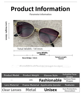 Detailed size chart for cat-eye sunglasses with metal frames and purple gradient lenses