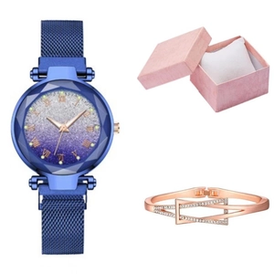 Orologio donna blu cielo stellato con cinturino magnetico e set bracciale oro rosa