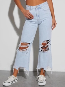 Jeans Da Donna Strappati Vita Alta Distressed Denim Gamba Larga Pantaloni Streetwear Casual Orlo Sfilacciato Blu Chiaro