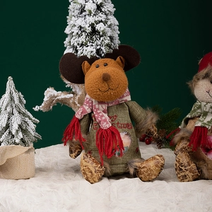 Cute reindeer plush doll Christmas ornament with Merry Christmas embroidery in rustic style