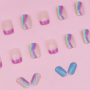 Regenbogenwellen und lila French-Tip-Nägel Set mit glänzendem quadratischem Finish