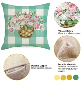Floral cotton linen pillowcase details showing vibrant rose print and invisible zipper